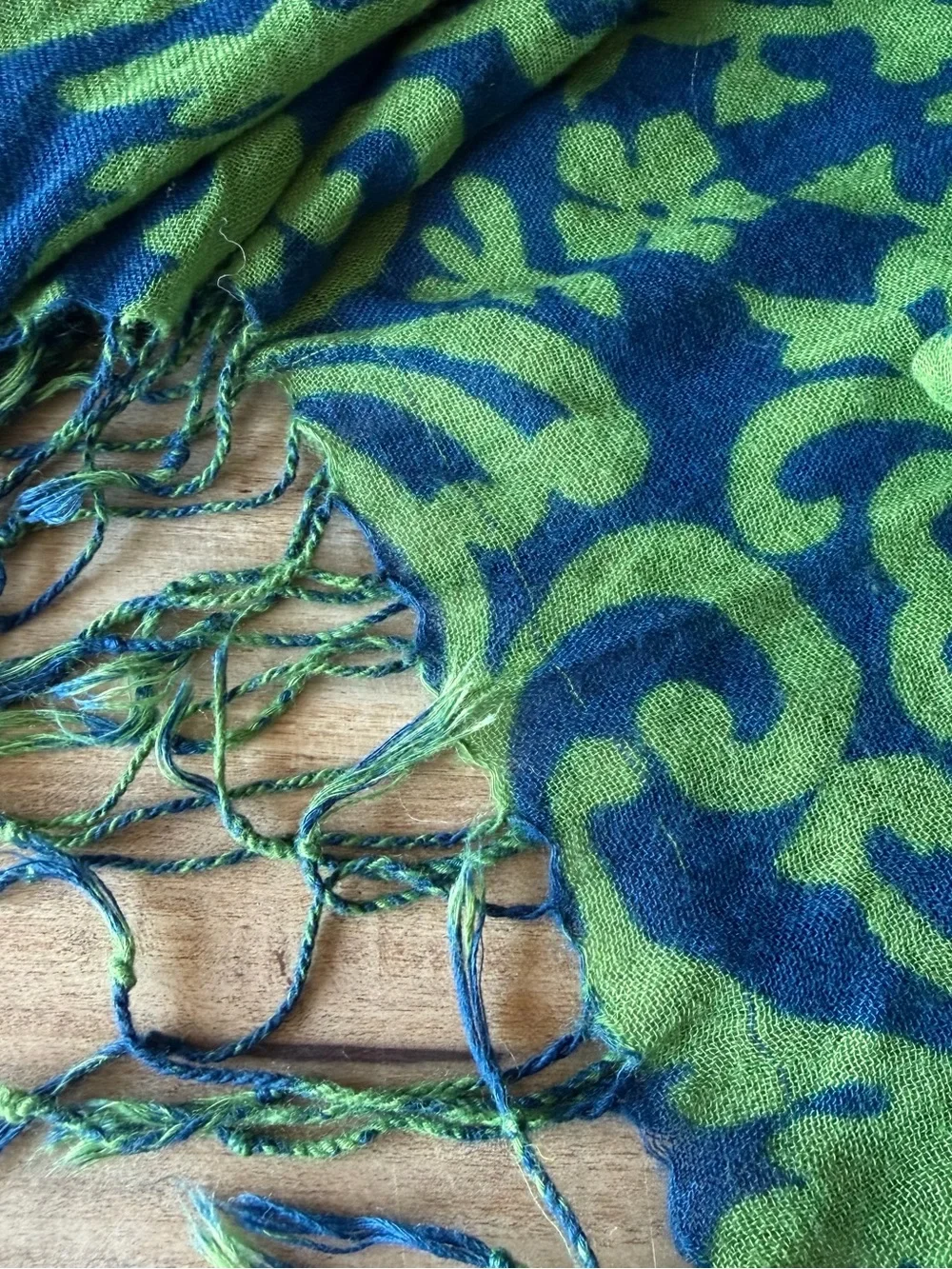 Blue and Lime Green Patterned Fringe Scarf